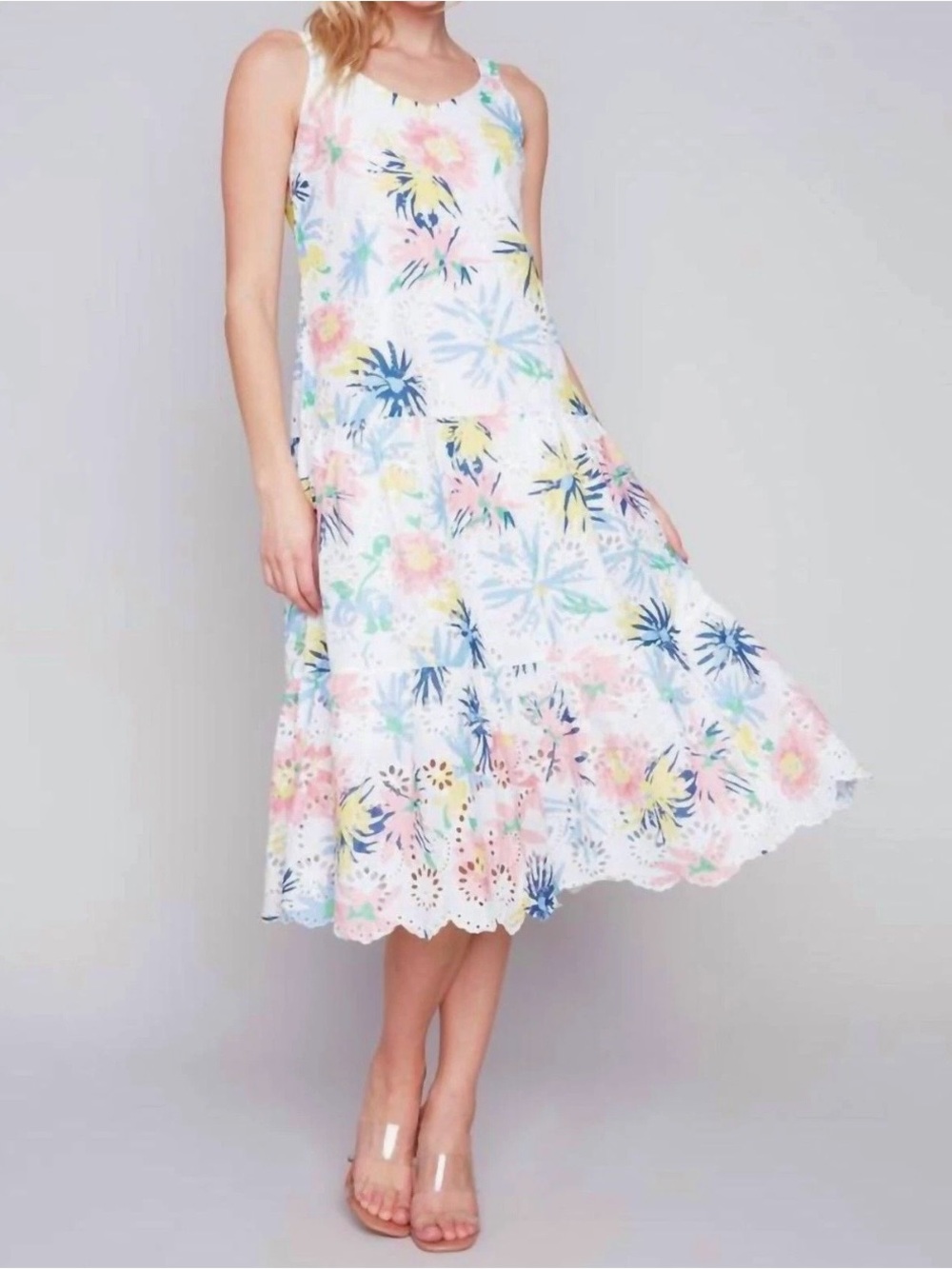 CHARLIE B Pastel Floral Eyelet Sundress - White Base with Multicolor Print